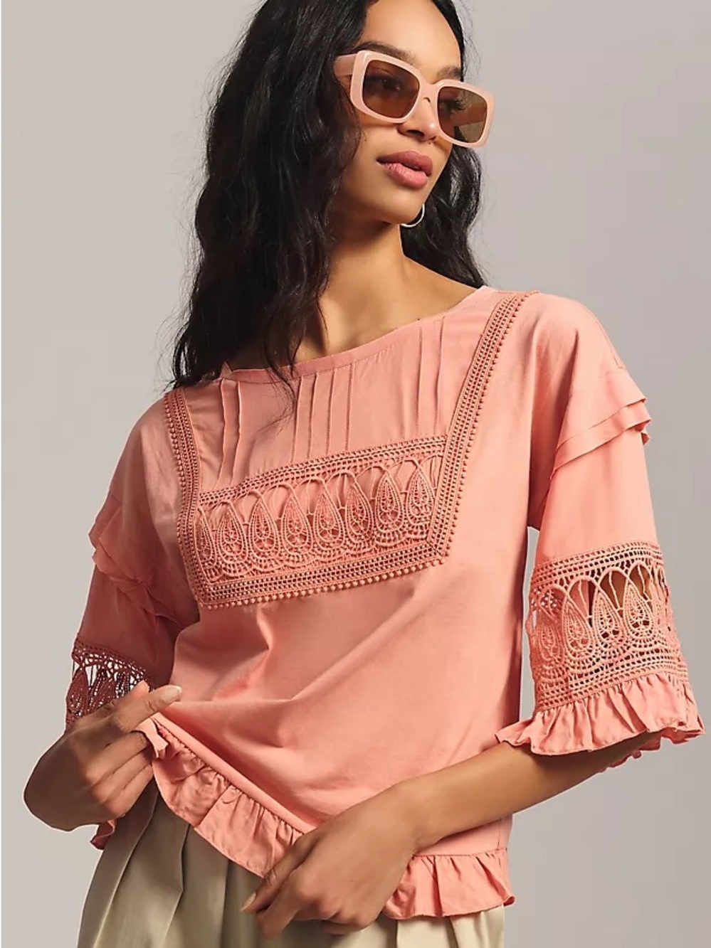 Peach Crochet-Trim Scoop Neck Blouse